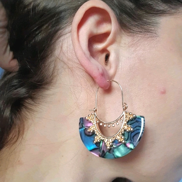 boutique Jewelry - Boho Gold & Abalone abstract shell Fan hoop drop beach earrings 2/$30